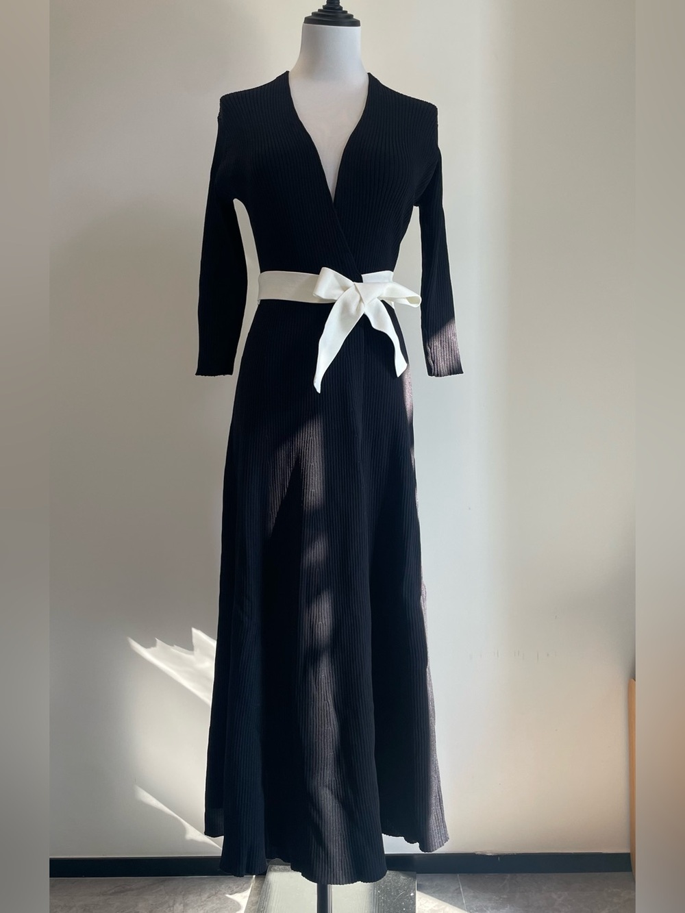 Maje Black Wrap Dress One Piece Ribbed Maxi Dress with White Bow Belt Size2